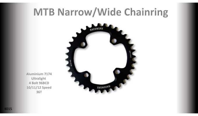 MTB (36T) 96BCD 10/11/12s 4 bolt 1x Round Black RACEWORX (Narrow/Wide Tooth Design)