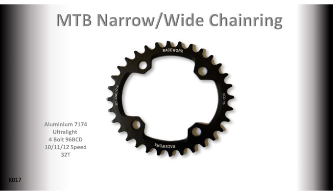 MTB (32T)96BCD 10/11/12s 4 bolt 1x Oval Black RACEWORX (Narrow/Wide Tooth Design)