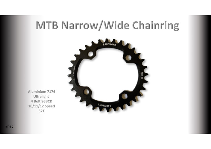 MTB (32T)96BCD 10/11/12s 4 bolt 1x Oval Black RACEWORX (Narrow/Wide Tooth Design)