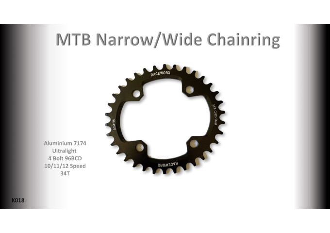 MTB (34T) 96BCD 10/11/12s 4 bolt 1x Oval Black RACEWORX (Narrow/Wide Tooth Design)