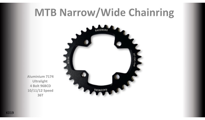 MTB (36T) 96BCD 10/11/12s 4 bolt 1x Oval Black RACEWORX (Narrow/Wide Tooth Design)