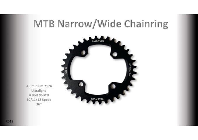 MTB (36T) 96BCD 10/11/12s 4 bolt 1x Oval Black RACEWORX (Narrow/Wide Tooth Design)