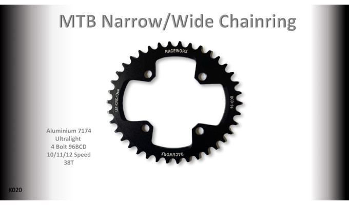 MTB (38T) 96BCD 10/11/12s 4 bolt 1x Oval Black RACEWORX (Narrow/Wide Tooth Design)