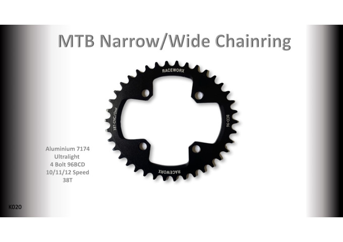 MTB (38T) 96BCD 10/11/12s 4 bolt 1x Oval Black RACEWORX (Narrow/Wide Tooth Design)