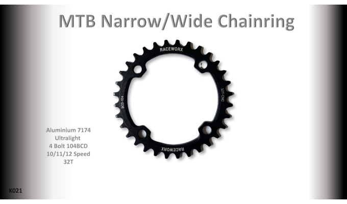MTB (32T) 104BCD 10/11/12s 4 bolt 1x Round Black RACEWORX (Narrow/Wide Tooth Design)