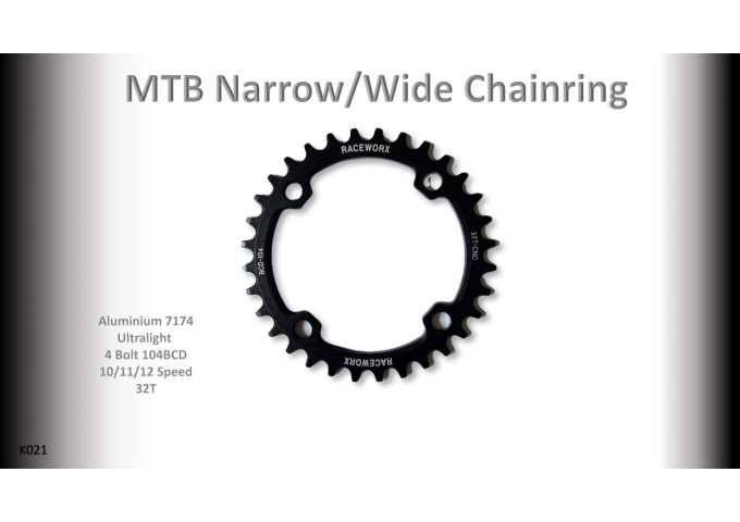 MTB (32T) 104BCD 10/11/12s 4 bolt 1x Round Black RACEWORX (Narrow/Wide Tooth Design)