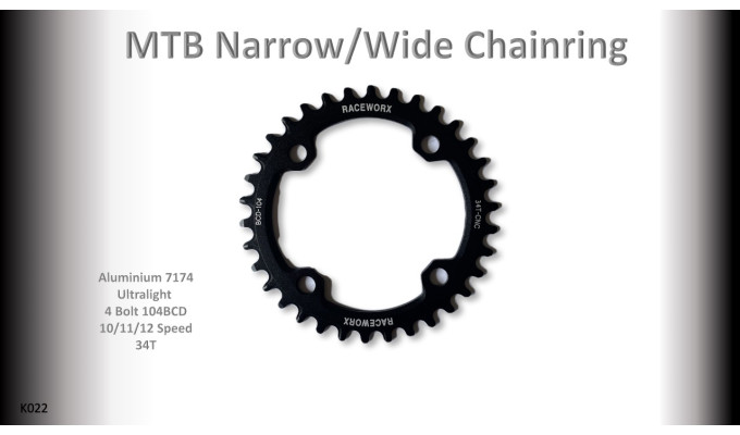 MTB (34T) 104BCD 10/11/12s 4 bolt 1x Round Black RACEWORX (Narrow/Wide Tooth Design)