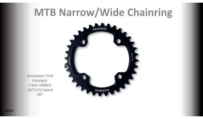 MTB (36T) 104BCD 10/11/12s 4 bolt 1x Round Black RACEWORX (Narrow/Wide Tooth Design)