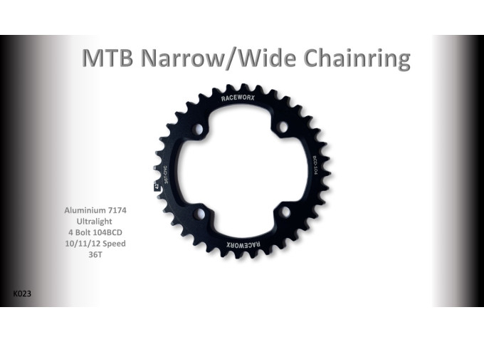 MTB (36T) 104BCD 10/11/12s 4 bolt 1x Round Black RACEWORX (Narrow/Wide Tooth Design)