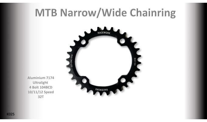MTB (32T) 104BCD 10/11/12s 4 bolt 1x Oval Black RACEWORX (Narrow/Wide Tooth Design)