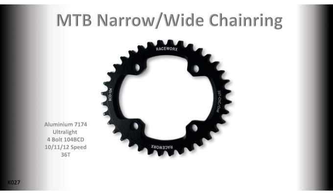 MTB (36T) 104BCD 10/11/12s 4 bolt 1x Oval Black RACEWORX (Narrow/Wide Tooth Design)
