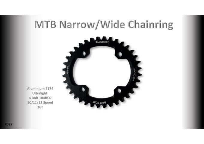 MTB (36T) 104BCD 10/11/12s 4 bolt 1x Oval Black RACEWORX (Narrow/Wide Tooth Design)