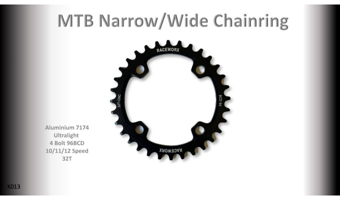 MTB (34T) 96BCD 10/11/12s 4 bolt 1x Round Black RACEWORX (Narrow/Wide Tooth Design)