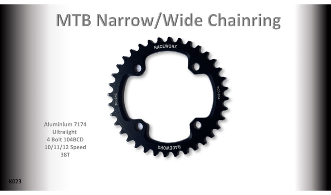 MTB (38T) 104BCD 10/11/12s 4 bolt 1x Round Black RACEWORX (Narrow/Wide Tooth Design)