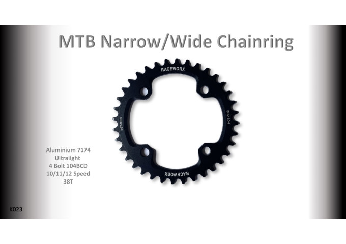 MTB (38T) 104BCD 10/11/12s 4 bolt 1x Round Black RACEWORX (Narrow/Wide Tooth Design)