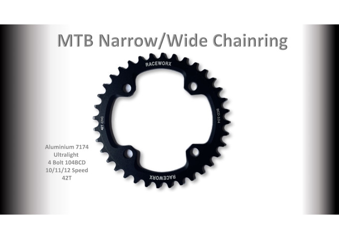 MTB (42T) 104BCD 10/11/12s 4 bolt 1x Round Black RACEWORX (Narrow/Wide Tooth Design)